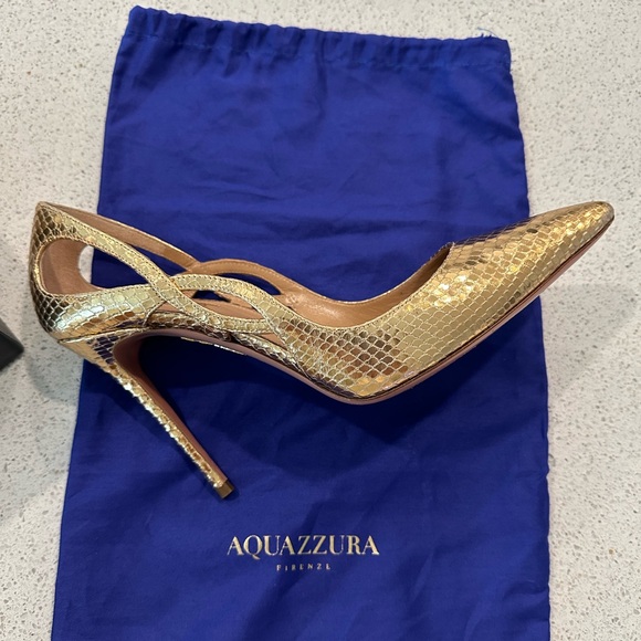 Authentic AQUAZZURA Forever 105 Metallic Leather Pumps In Gold - Picture 1 of 9